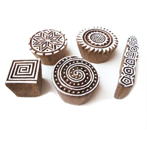 Spiral, geometric pattern hand carved wooden block printing tags (set of 5) for sale