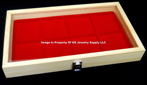 12 Natural Wood Glass Top Lid Red 8 Space Display Box Case Bangle Pins Medals