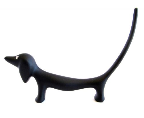 Black Metal Plated Dachshund Dog Diamanti Eyes &amp; Long Tail  Ring Holder-Boxed