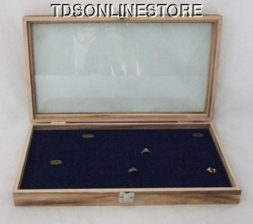Rustic antique oak color 72 ring glass top display case blue insert for sale