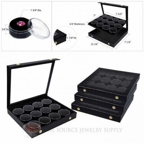 (4) Black 12 Gem Jar Inserts w/ Snap Acrylic Display Cases Gemstone Jewelry