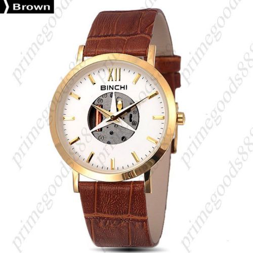 Thin Genuine Leather Quartz Analog See Through Wrist Men&#039;s Wristwatch in Brown