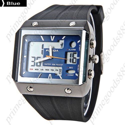 Square rubber analog digital quartz alarm stopwatch date men&#039;s wristwatch blue for sale