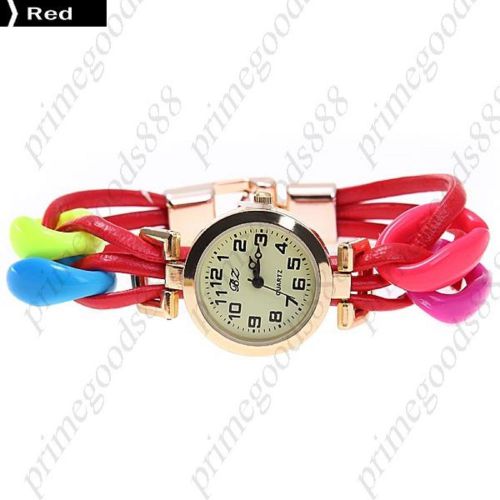 Charm Spaghetti PU Leather Round Analog Quartz Wrist Wristwatch Women&#039;s Red
