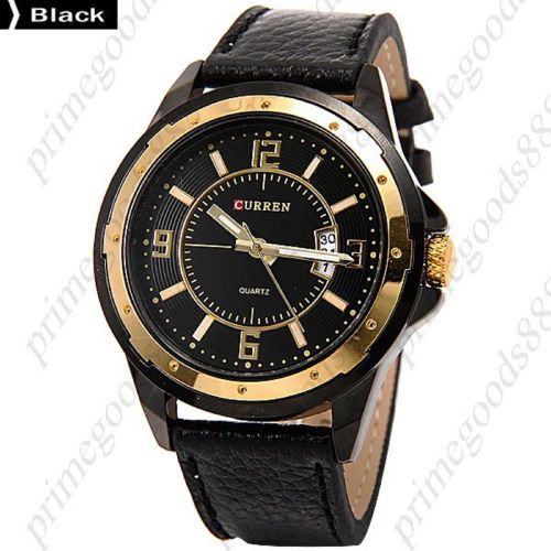 Gold Golden Real Leather Date Quartz Analog Free Shipping Men&#039;s Wristwatch Black