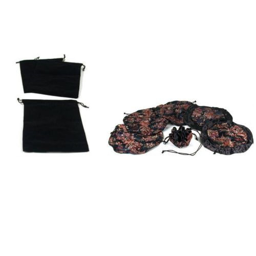 Black Velvet &amp; Black Brocade Chinese Drawstring Jewelry Pouches Kit 12 Pcs