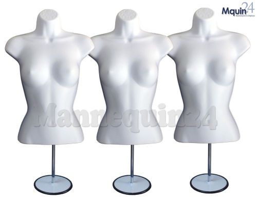 3 Female Mannequin Forms WHITE w/3 Metal Stands +3 Hanging Hooks Woman Torsos