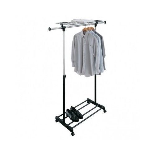 Adjustable Clothes Rack w Shelf garments hanging sturdy shoe storage hang up Rod