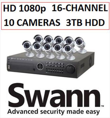 Swann 16 Channel HD NVR Security System 3TB HDD &amp; 10 1080p IP Cameras Free Ship