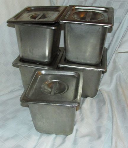 Lot of 5 -- 6&#034; deep size 1/6 stainless steel steam well / table pans &amp; lids for sale