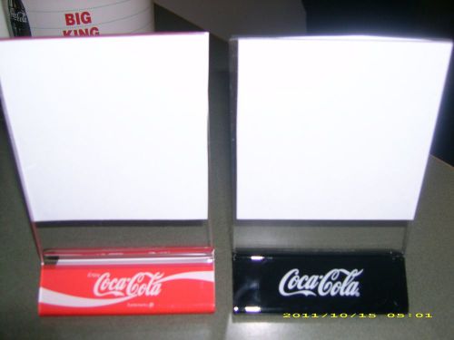 New! Pair of Coca-Cola Arcrylic plastic Table Tent Menu Holders! red &amp; black!