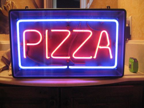 Neon sign pizza in bright red ltrs w/ a blue border for sale