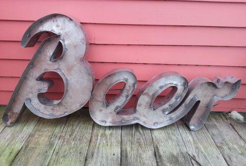 &#034;BEER&#034; CURSIVE RECYCLED TIN RESTAURANT KITCHEN UNIQUE RUSTY RUSTED ARTSIGN METAL