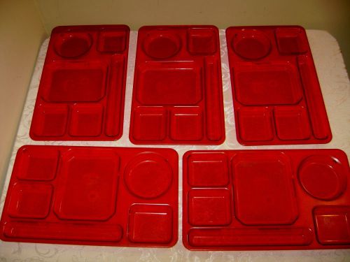 5 Vintage Red Plas-Tique PTP-11 School Cafeteria Food Serving Lunch Trays