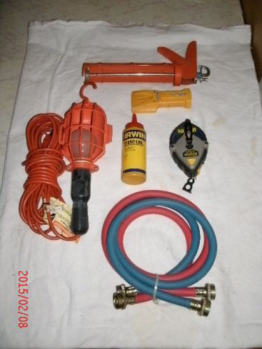 Irwin chalk line w/blue chalk, washer hoses, zircon stud finder, &amp; caulking gun for sale