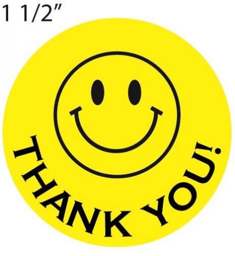 200 Big Thank You Smiley Face Stickers 200 Roll Count  1-1/2&#034; Circles Yellow