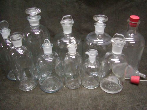 Lot 10 glass lab bottles, ground for sale