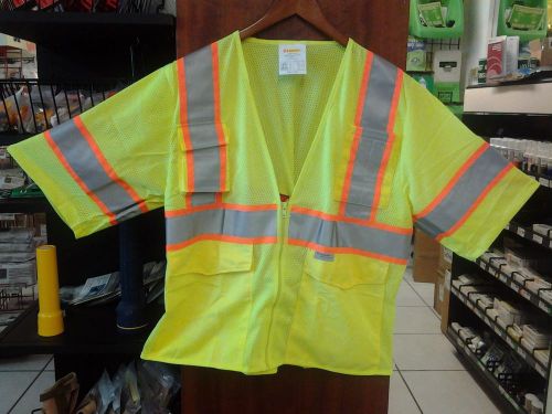 Lime green class 3 two-tone mesh safety vest w/stripe,zipper&amp;pockets, medium for sale