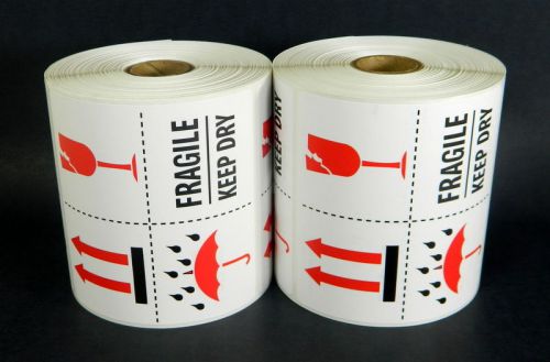 2 ROLLS, 1000 LABELS, THIS SIDE UP, FRAGILE, KEEP DRY, SIZE 4X4 Inches L011B