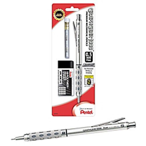 Pentel GraphGear 1000 Automatic Drafting Pencil And Eraser Set, 0.5 mm, Silver