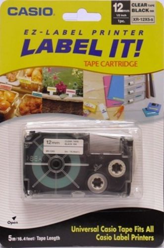 Brand New Casio Universal Label Tape- 12mm Black Ink on Clear Tape