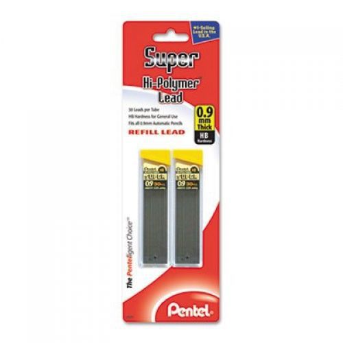 Pentel Super Hi-Polymer Lead Refills, 0.9mm, HB, Black, 2 Tubes of 30, 60/Pack,
