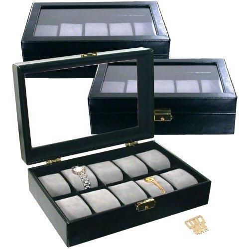 3 - 10 Watch Display Cases Travel Glass Top Black