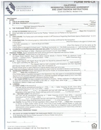 California Residential Purchase Agreement CAR paper form RPA-CA revised 11/14