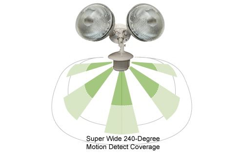Dual-spot motion-detect spot light w/swivel arm + adjustable time/lux sensor for sale