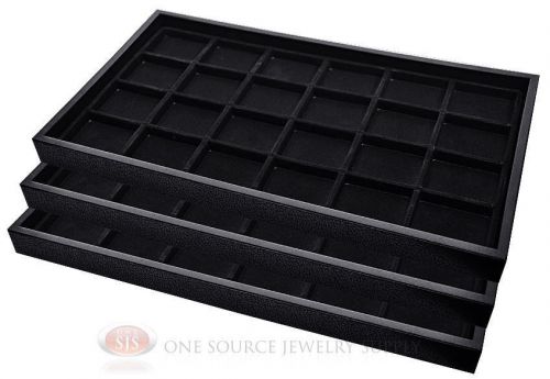 (3) black plastic stackable trays w/24 compartment black jewelry display inserts for sale