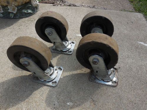 Set (4) industrial swivel plate casters 7 &amp; 1/2&#034; poly on cast iron wheels for sale