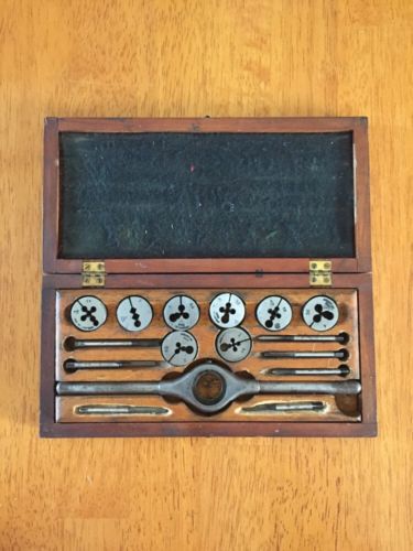 Vtg greenfield 16 pc tap &amp; die set complete vg cond wooden box wrench tool metal for sale