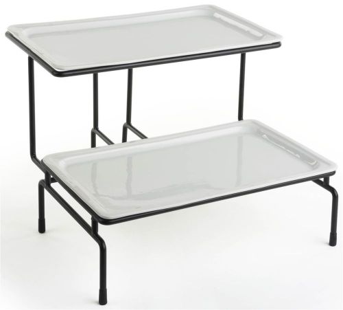 2-tier wire serving platter w/ (2) 1&#034; deep porcelain dishes - black and white 19 for sale