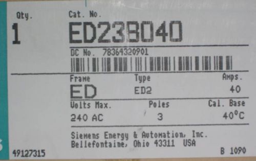 Siemens ite 2 pole circuit breaker, ed23b040 for sale