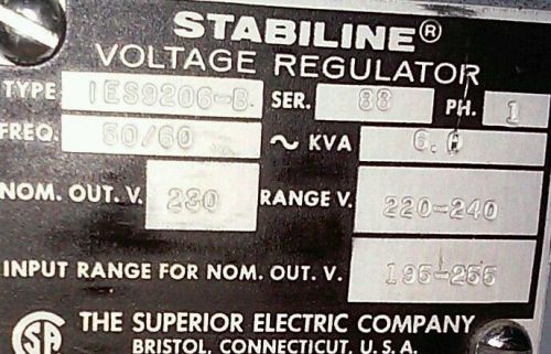 SUPERIOR ELECTRIC STABILINE IES9206 B 6KVA VOLTAGE REGULATOR OUTPUT 230V 1 Ph US
