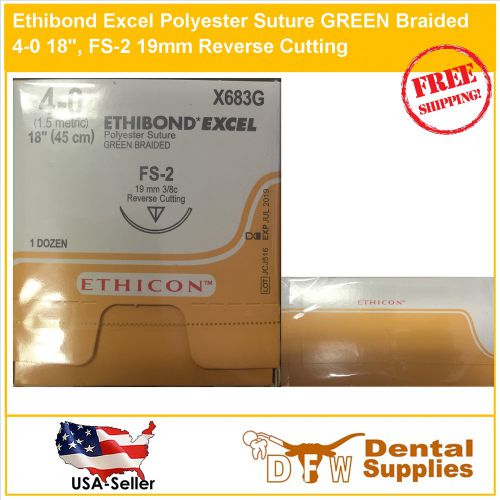 Ethibond Excel Polyester Suture GREEN Braided 4-0 18&#034;, FS-2 19mm X683G, RC
