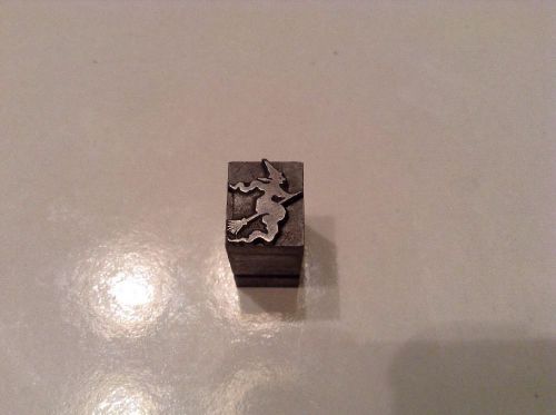 Vintage Letterpress Printers Block -A Witch On A Flying Broom