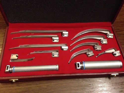 Laryngoscope mac + miller set of 10 blades &amp; 2 handles emt anesthesia intubation for sale
