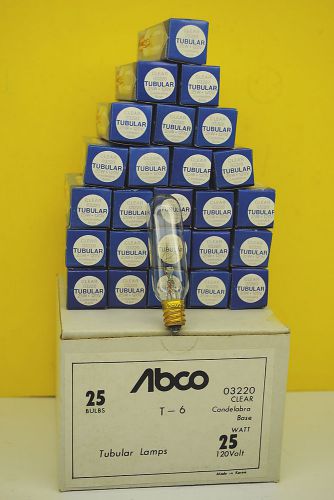 Abco 03220 Clear Tubular 25W T-6 120V Candlelabra Base Lamp Light Bulb Box of 25