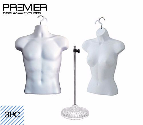 Set of female and male half body form plastic mannequin with one base white for sale