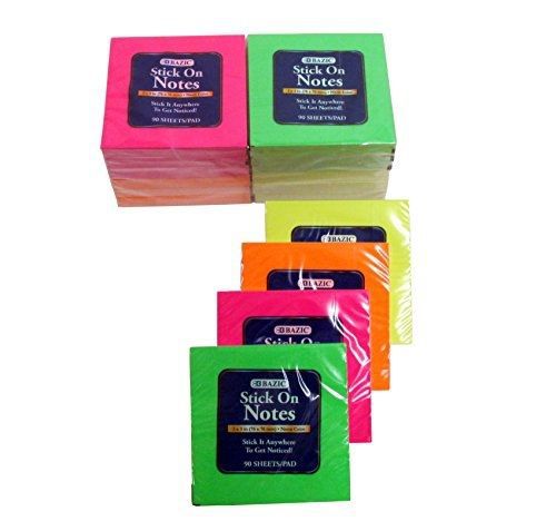 Basic Stick-On Notes, 3 in x 3 in, Neon Colors Collection, 12 Pads/Pack (90 per