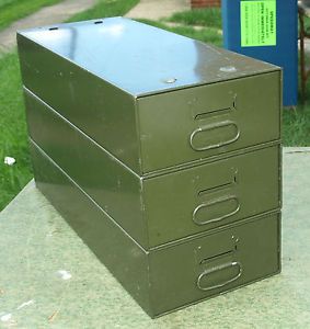 A~3 Vtg DIEBOLD Safe-T-Stak INDUSTRIAL Metal File Bins 24&#034; x9.5&#034; x14&#034; Army Green
