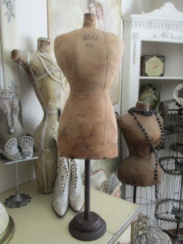 Fabulous petite aged display dress form~half scale french look wood base for sale