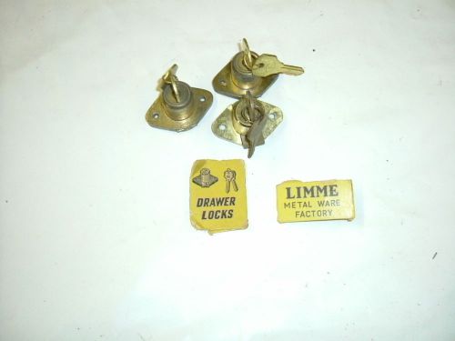 vtg. set of 3 limme safe drawer locks with 2 keys 1 1/2&#034; spread 5/8&#034; plunger