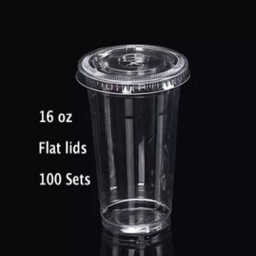 16 Oz Plastic Clear Drink Pet Cups With Flat Lids 100 Sets Bpa Free High Quality