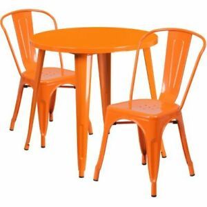 30&#039;&#039; Round Orange Metal Indoor-Outdoor Table Set with 2 Cafe Chairs