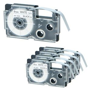 5PK 9mm Black Ink White Tape Cartridge EZ-Label Fits Casio XR-9WE 3/8&#034; 9mm