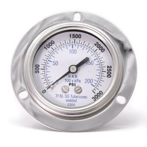 PIC GAUGES 304D-254P Gauge, 2.5&#034;, 0/3000psi, 1/4&#034;CBM, SS, FrtFlng, Connection
