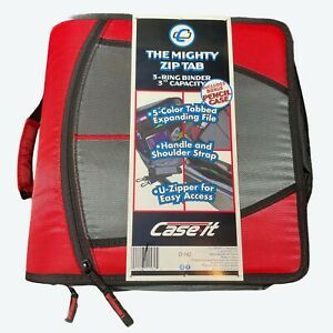 Case-it XL 3-Ring 3&#034; Zipper Binder w/5-Tab File Folder Mighty Zip Tab Red