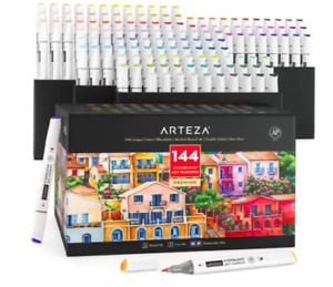 Arteza Alcohol Art Markers, Set of 144 Colors, Dual-sided - Broad and Fine Tips
